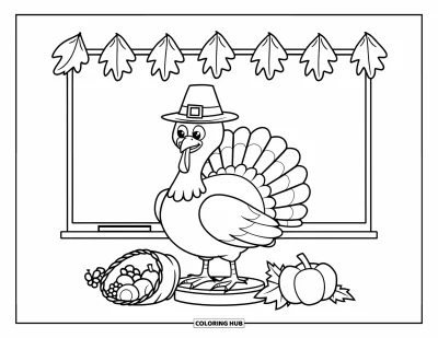 Coloriage de dinde de Thanksgiving pour enfants : Une dinde avec une banderole et une corne d'abondance se tient sur un support en bois