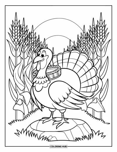 Coloriage de dinde de Thanksgiving pour enfants : Une dinde avec un panier se tient fièrement sur un rocher dans un champ de maïs