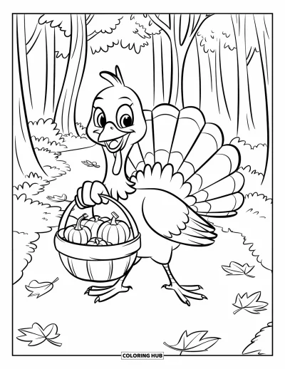 Coloriage de dinde de Thanksgiving pour enfants : Une dinde avec un panier bien rempli marche sur un sentier douillet couvert de feuilles