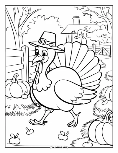 Coloriage de dinde de Thanksgiving pour enfants : Une dinde en écharpe passe devant des bottes de foin et des paniers de pommes