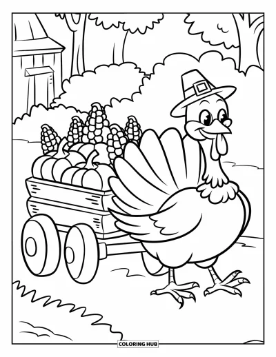 Coloriage de dinde de Thanksgiving pour enfants : Une dinde avec un petit chapeau sourit en tirant une charrette parmi les arbres d'automne