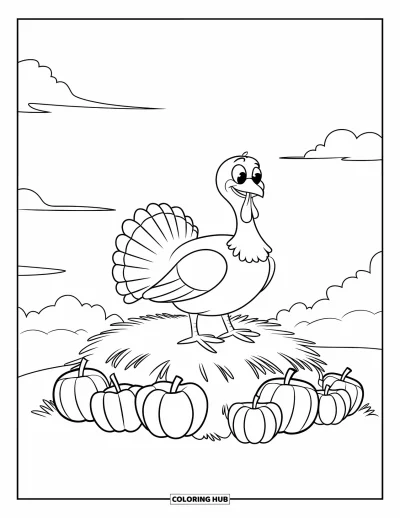 Coloriage de dinde de Thanksgiving pour enfants : Une dinde aux plumes vives se repose sur du foin près de pommes et de courges