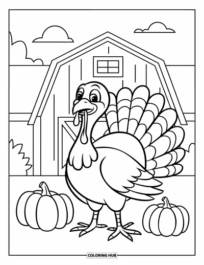 Coloriage de dinde de Thanksgiving pour enfants : Une dinde avec des citrouilles de chaque côté se tient près d'une grange