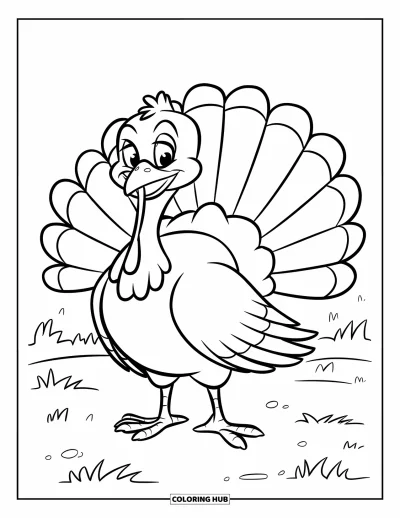 Coloriage de dinde de Thanksgiving pour enfants : Une dinde aux larges plumes pose joyeusement dans un espace herbeux