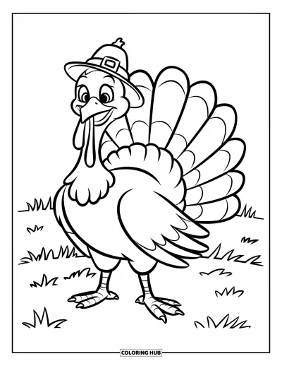Coloriage de dinde de Thanksgiving pour enfants : Une dinde aux larges plumes se tient seule dans un champ herbeux