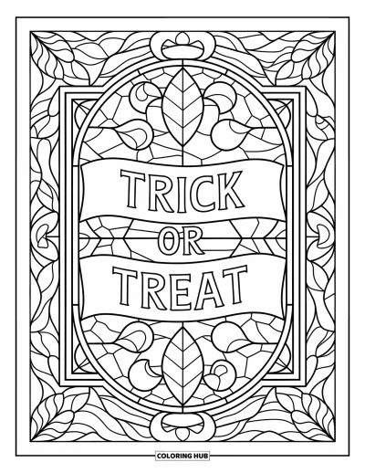 Coloriage Trick or Treat pour adultes : Bannière "Trick or Treat" enchâssée dans un mandala de vitrail