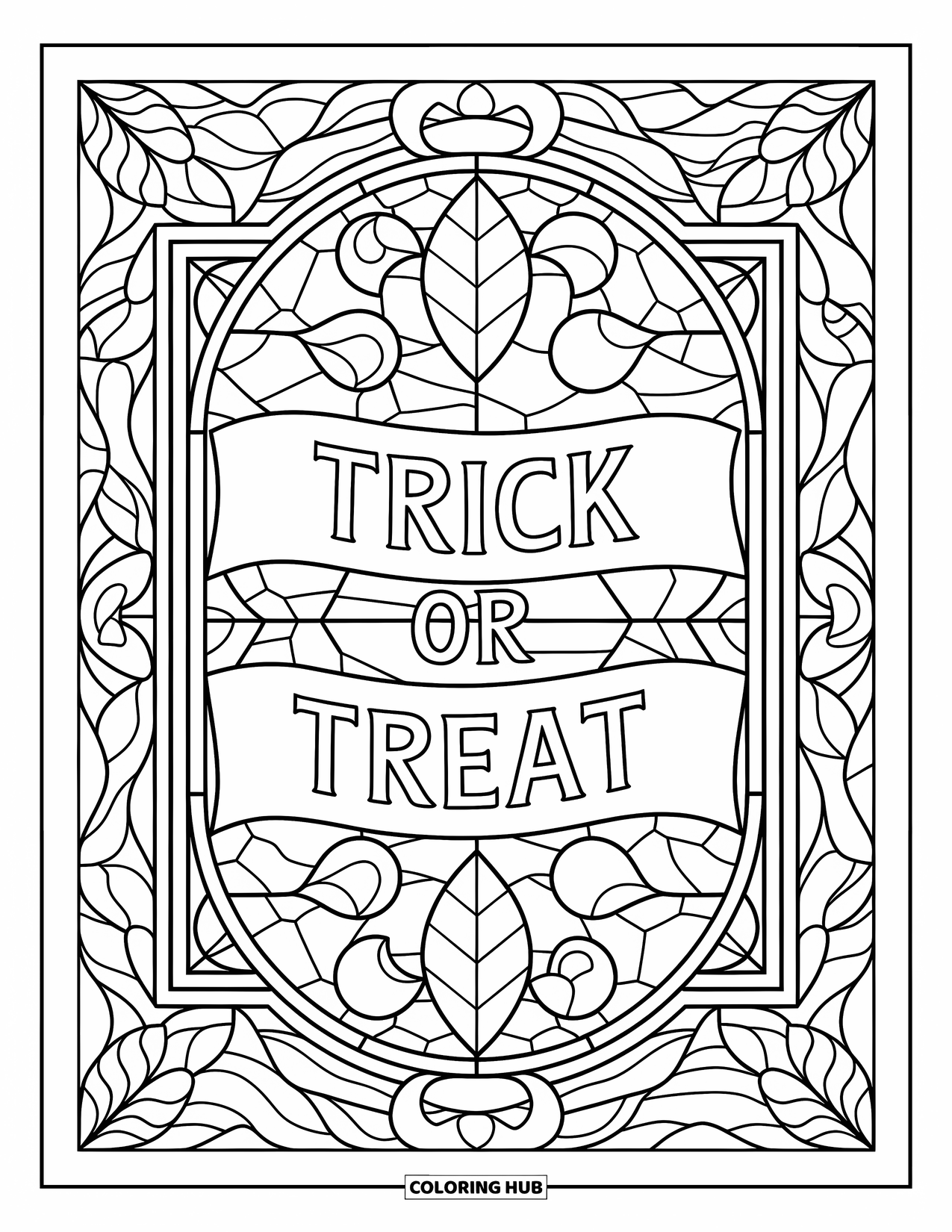 Trick-or-Treat-Ausmalbild für Erwachsene: Banner "Trick or Treat" in einem Buntglas-Mandala