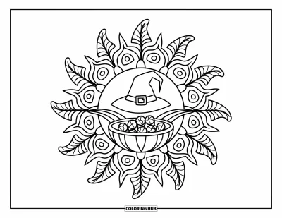 Coloriage Trick or Treat pour adultes : Mandala botanique avec un chapeau de sorcière et un bol de bonbons au centre