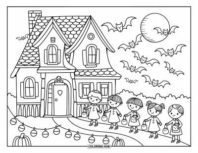 Coloriage Trick or Treat pour adultes : Enfants en costumes d'Halloween marchant vers une maison sinistre illuminée par des lanternes