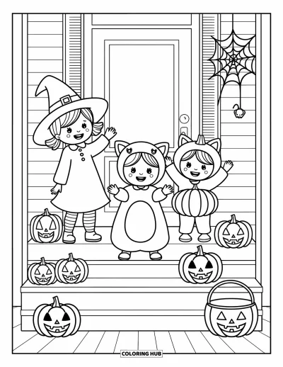 Coloriage Trick or Treat pour adultes : Enfants en tenues de sorcière, de chat et de citrouille posant sur un porche festif