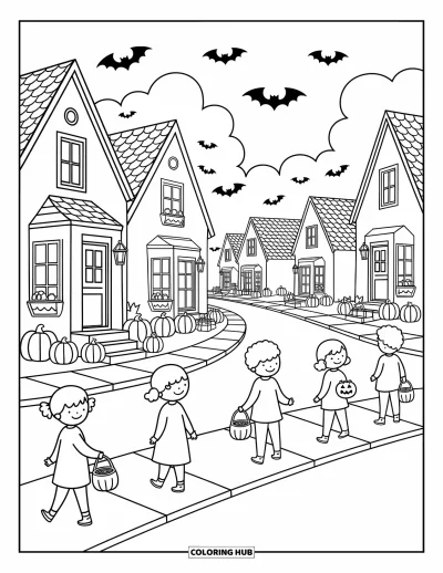 Coloriage Trick or Treat pour adultes : Enfants faisant la quête dans une rue de quartier chaleureuse illuminée par des lanternes