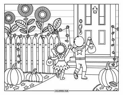 Coloriage Trick or Treat pour adultes : Enfants déguisés en fée et en super-héros se dépêchant vers une porte lumineuse par une soirée d'automne