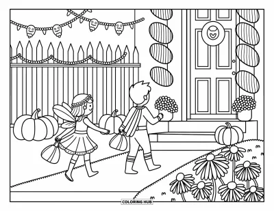 Coloriage Trick or Treat pour adultes : Enfants en fée et super-héros marchant vers un porche accueillant pour réclamer des friandises
