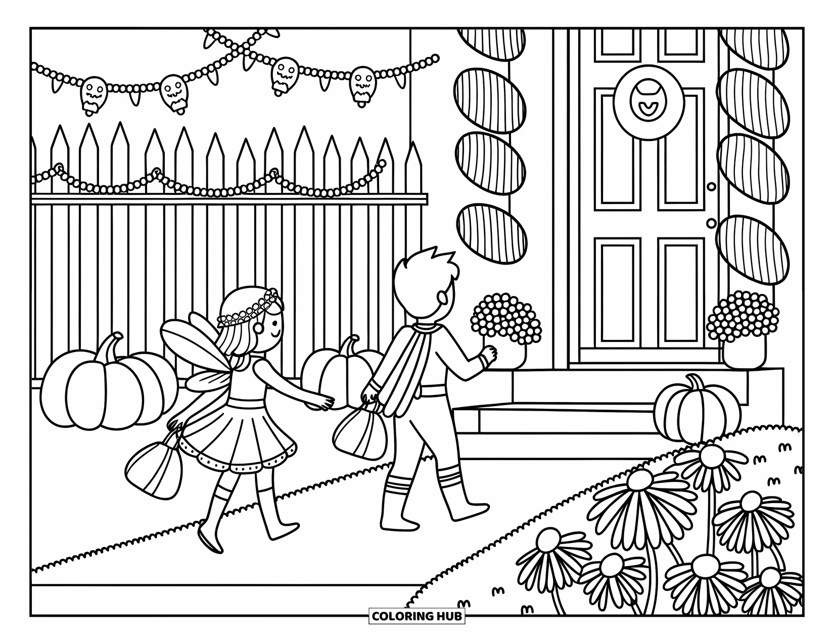 Trick-or-Treat-Ausmalbild für Erwachsene: Fee und Superhelden-Kinder gehen auf eine gemütliche Veranda zu