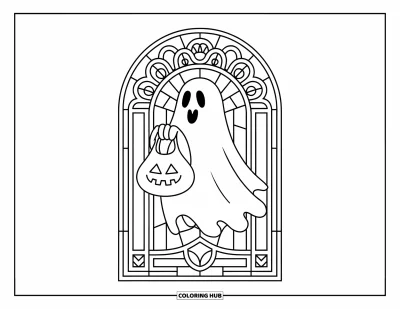 Coloriage Trick or Treat pour adultes : Fantôme portant un sac de friandises au cœur de motifs de vitrail complexes