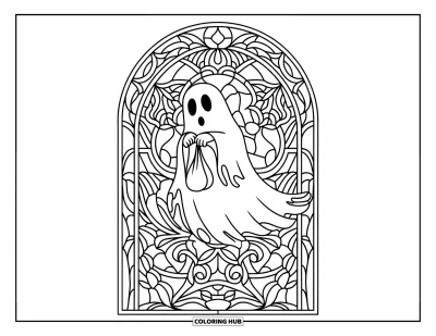 Coloriage Trick or Treat pour adultes : Fantôme avec un sac de friandises encadré de motifs de vitrail ornés