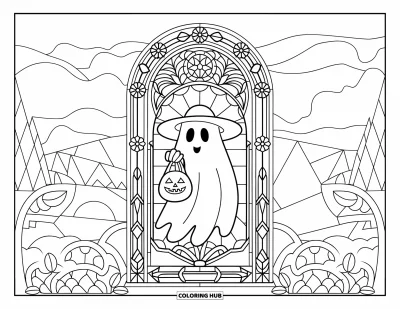 Coloriage Trick or Treat pour adultes : Fantôme avec un sac de friandises devant un décor de vitrail aux paysages enchanteurs