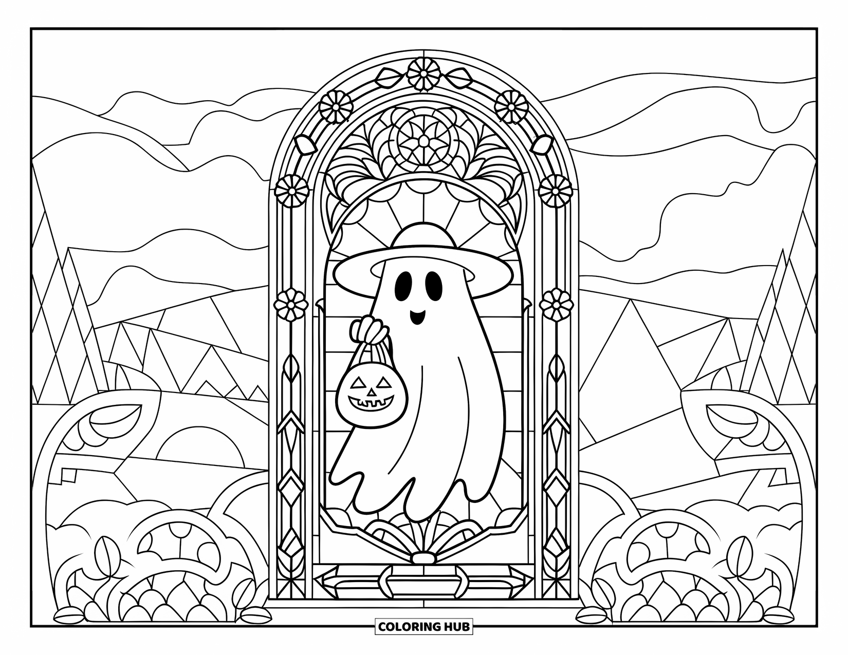 Trick-or-Treat-Ausmalbild für Erwachsene: Geist mit Süßigkeitenbeutel vor einem malerischen Buntglas-Design