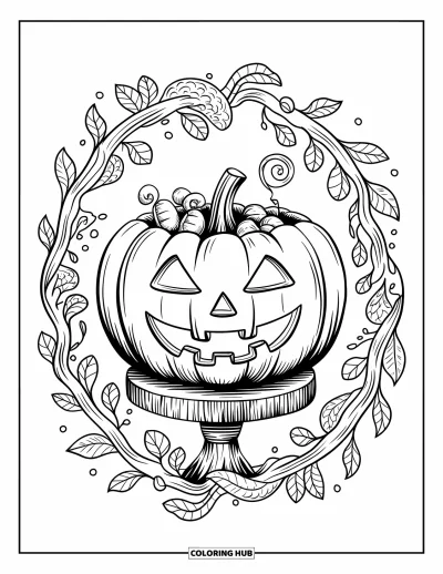 Coloriage Trick or Treat pour adultes : Seau jack-o'-lantern avec des vignes et des feuilles dans un cadre mandala