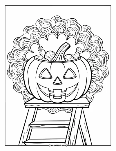 Coloriage Trick or Treat pour adultes : Jack-o'-lantern rempli de bonbons sur fond de mandala de vignes