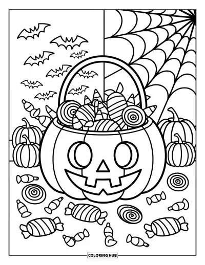 Coloriage Trick or Treat pour adultes : Seau citrouille plein de bonbons avec des chauves-souris, des citrouilles et une toile d'araignée