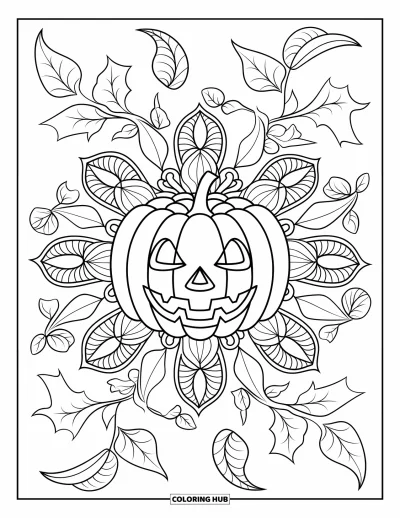 Coloriage Trick or Treat pour adultes : Seau citrouille encadré de feuilles et de mandalas de vignes complexes