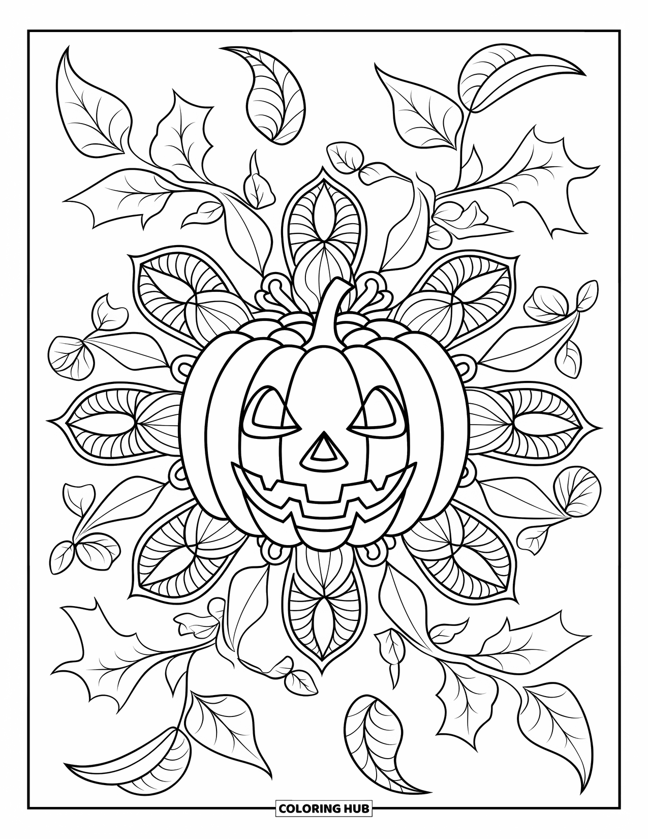 Trick-or-Treat-Ausmalbild für Erwachsene: Kürbis-Süßigkeiteneimer gerahmt von kunstvollen Blätter- und Ranken-Mandalas