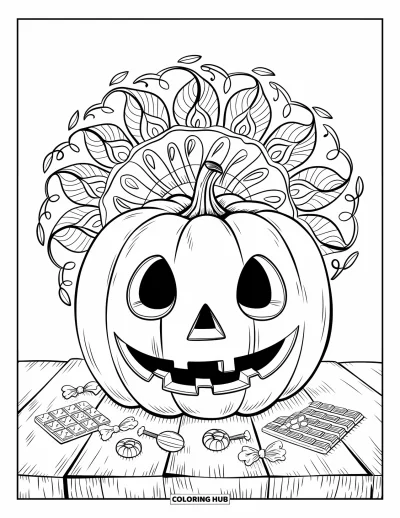 Coloriage Trick or Treat pour adultes : Seau citrouille sur une table avec des bonbons et un mandala de vignes