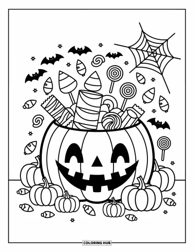 Coloriage Trick or Treat pour adultes : Seau citrouille débordant de sucreries et de décorations d'Halloween espièges