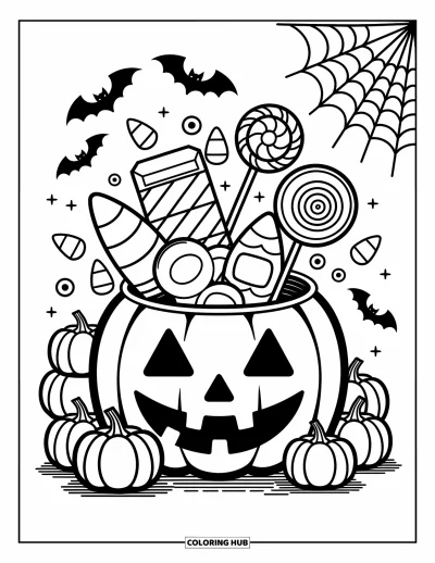 Coloriage Trick or Treat pour adultes : Seau citrouille débordant de friandises à côté de chauves-souris et d'une toile d'araignée