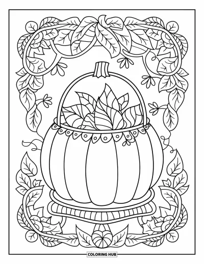 Coloriage Trick or Treat pour adultes : Seau citrouille entouré d'un mandala floral de vignes et de fleurs