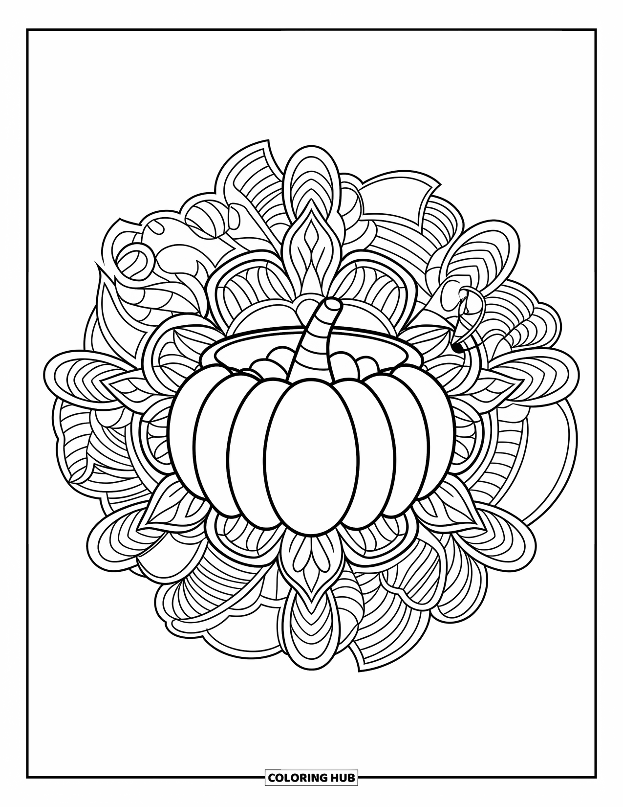 Trick-or-Treat-Ausmalbild für Erwachsene: Kürbis-Süßigkeiteneimer mit Candy-Corn-Stiel in einem floralen Mandala