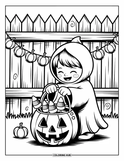 Coloriage Trick or Treat pour adultes : Enfant souriant en costume de fantôme avec un seau de bonbons citrouille