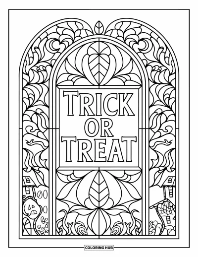 Coloriage Trick or Treat pour adultes : Cadre de vitrail avec des lunes et des vignes autour d'une bannière "Trick or Treat"