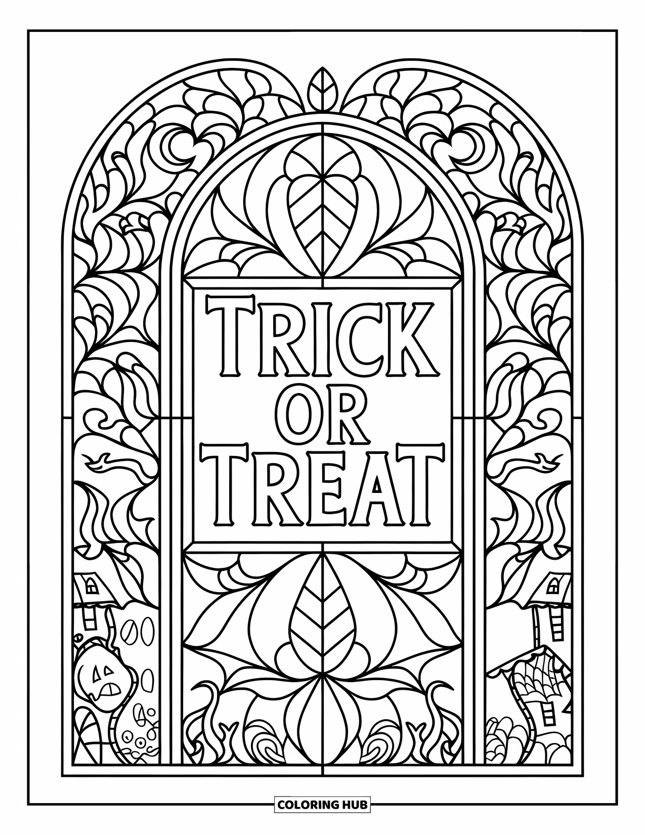 Trick-or-Treat-Ausmalbild für Erwachsene: Buntglas-Rahmen mit Monden und Ranken um ein Banner "Trick or Treat"