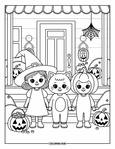 Coloriage Trick or Treat pour adultes : Trois enfants déguisés sur un porche avec des jack-o'-lanterns et des bonbons