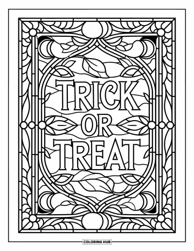 Coloriage Trick or Treat pour adultes : Bannière "Trick or Treat" encadrée de lunes et de feuilles en vitrail