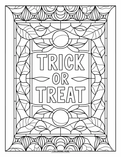 Coloriage Trick or Treat pour adultes : Bannière "Trick or Treat" dans un cadre de vitrail orné de lunes et de feuilles