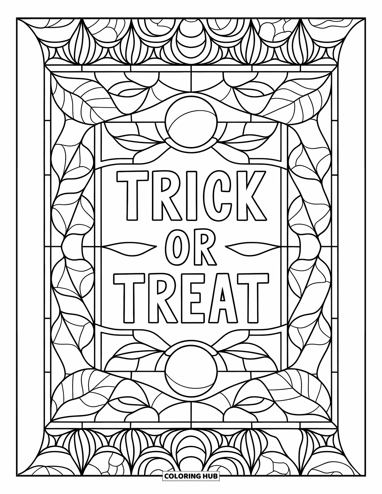 Trick-or-Treat-Ausmalbild für Erwachsene: Banner "Trick or Treat" in einem Buntglas-Rahmen aus Monden und Blättern