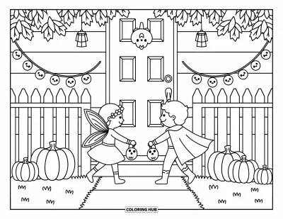 Coloriage Trick or Treat pour adultes : Deux enfants déguisés s'approchant d'une maison chaleureusement éclairée avec des citrouilles et des lanternes