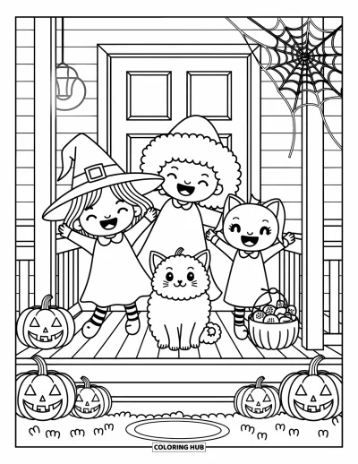 Coloriage Trick or Treat pour adultes : Sorcière, chat et enfant citrouille réunis sur un porche d'Halloween lumineux