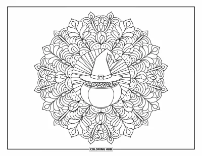 Coloriage Trick or Treat pour adultes : Chapeau de sorcière et bol de bonbons au centre d'un mandala floral