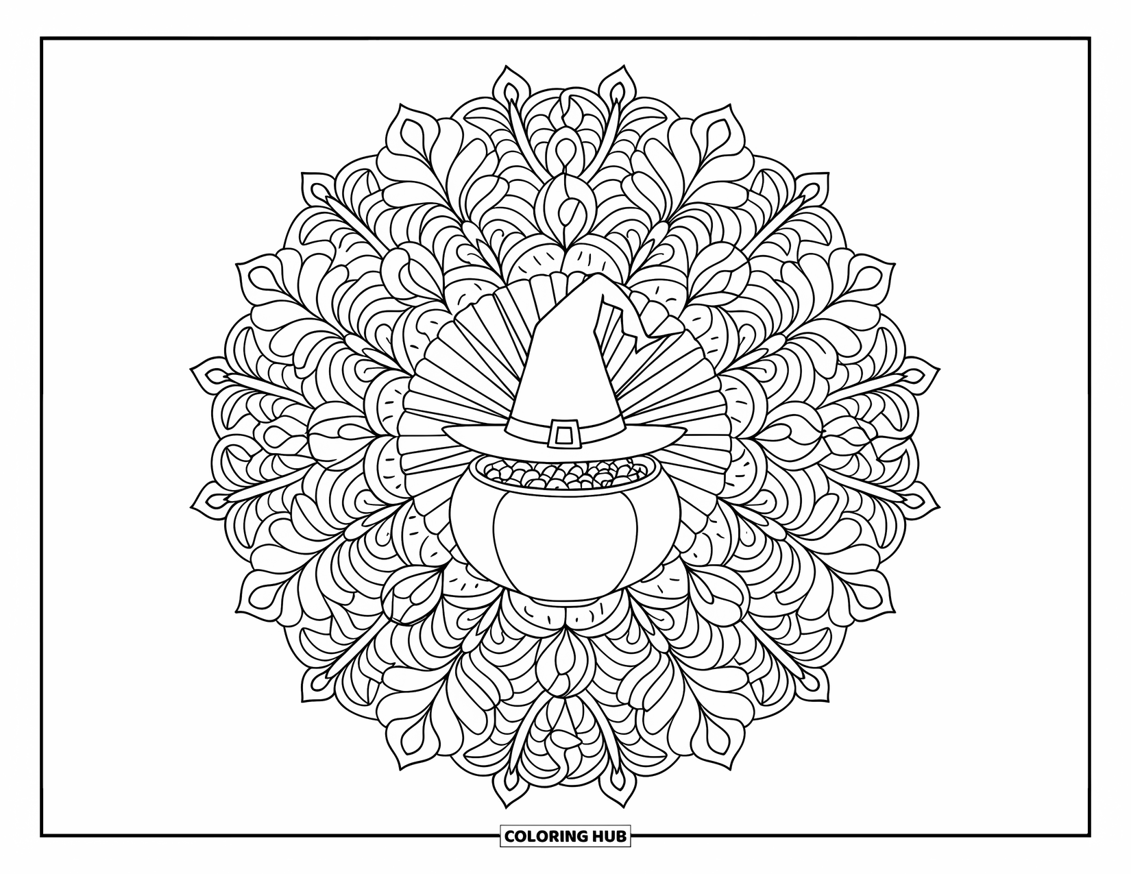 Trick-or-Treat-Ausmalbild für Erwachsene: Hexenhut und Süßigkeitenschale in der Mitte eines floralen Mandalas