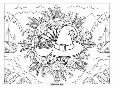 Coloriage Trick or Treat pour adultes : Chapeau de sorcière et bol de bonbons dans un mandala floral avec vue sur la montagne