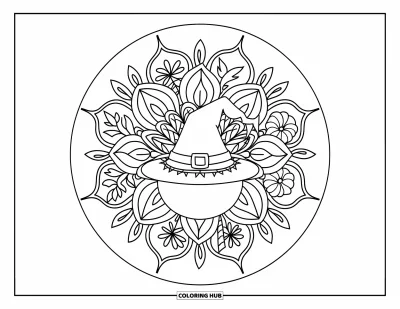 Coloriage Trick or Treat pour adultes : Chapeau de sorcière et bol de bonbons entourés de feuilles et de fleurs dans un mandala