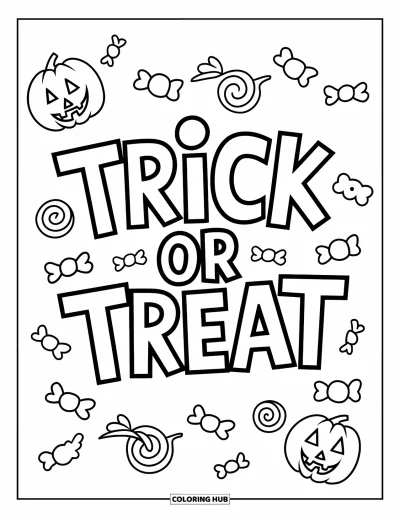 Coloriage Trick or Treat pour enfants : Grande pancarte "Trick or Treat" avec des bonbons éparpillés autour