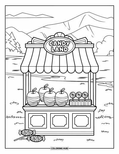 Coloriage Trick or Treat pour enfants : Stand de bonbons intitulé "Candy Land" avec des friandises à proximité