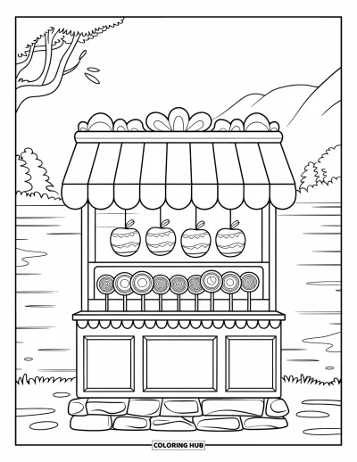 Coloriage Trick or Treat pour enfants : Stand de bonbons au bord d'un lac avec des montagnes en arrière-plan