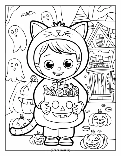 Coloriage Trick or Treat pour enfants : Enfant déguisé en chat avec un sac de bonbons près d'une maison hantée