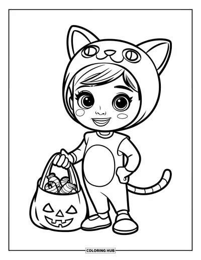 Coloriage Trick or Treat pour enfants : Enfant déguisé en chat tenant un sac de bonbons sur fond blanc